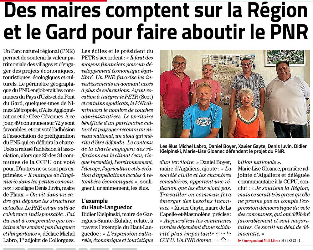 Midi Libre du 27/08/2023 : Des maires comptent sur la Région et le Gard pour faire aboutir le PNR