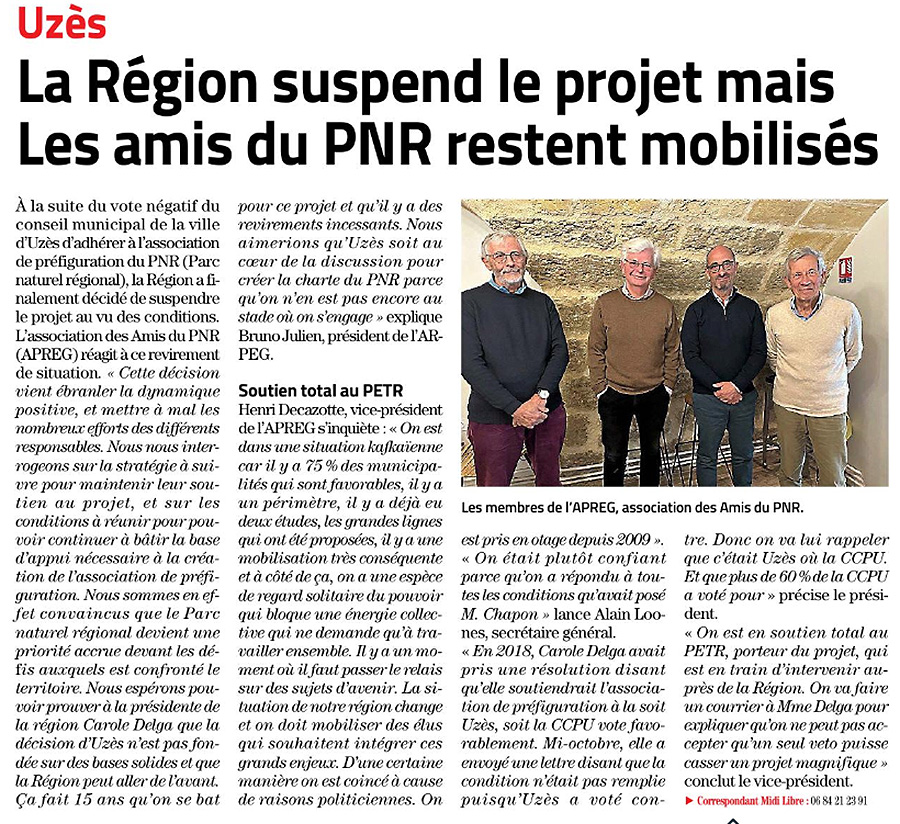 Midi Libre - 18/11/2023 : La région suspend le projet mais les amis du PNR restent mobilisés
