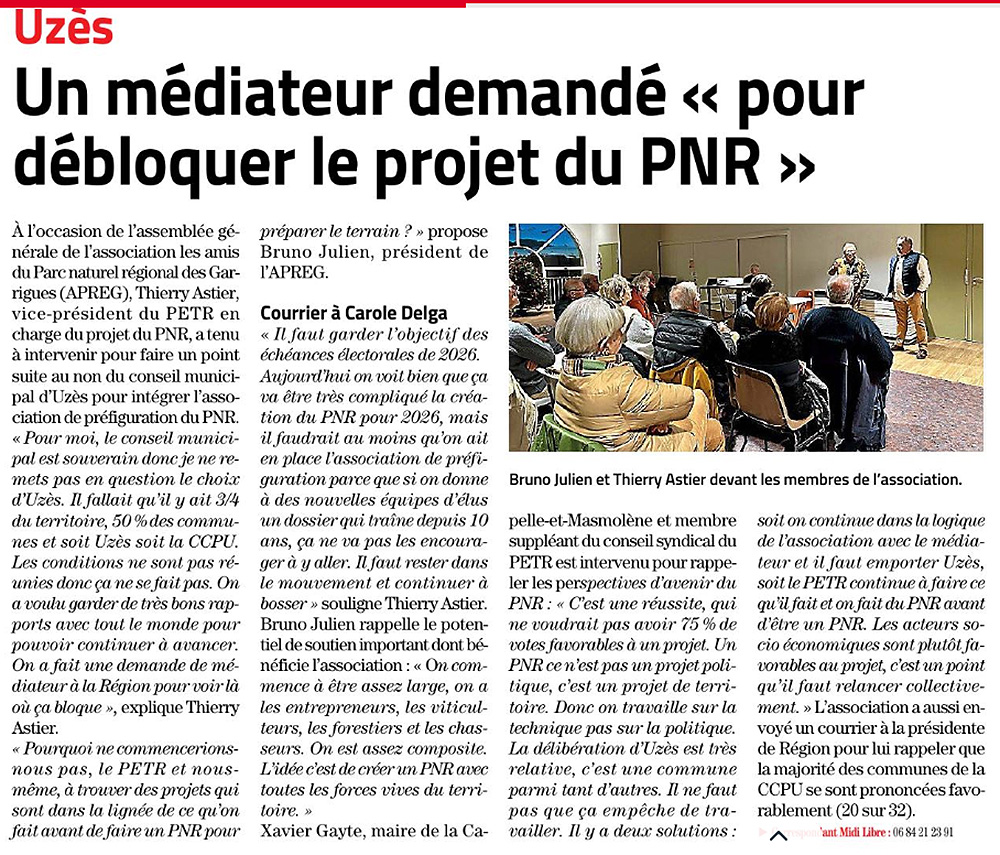 Midi Libre - 21/12/2023 : Un médiateur demandé "pour débloquer le projet du PNR"