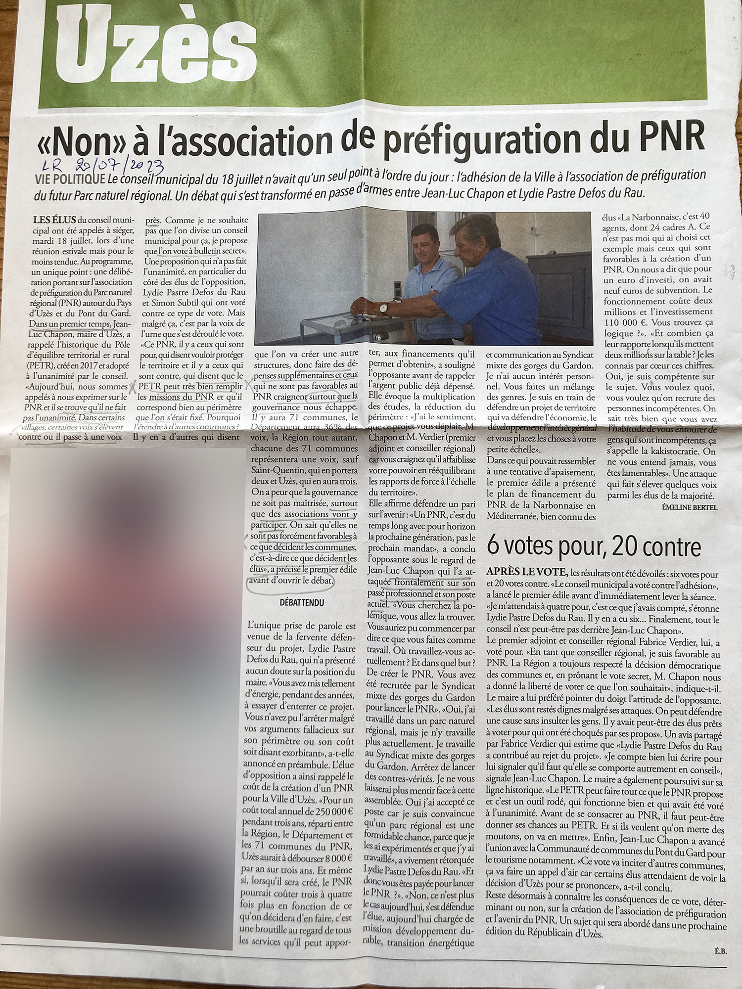 Républicain d'Uzès - 20/07/2023 : "Non" à l'association de préfiguration du PNR